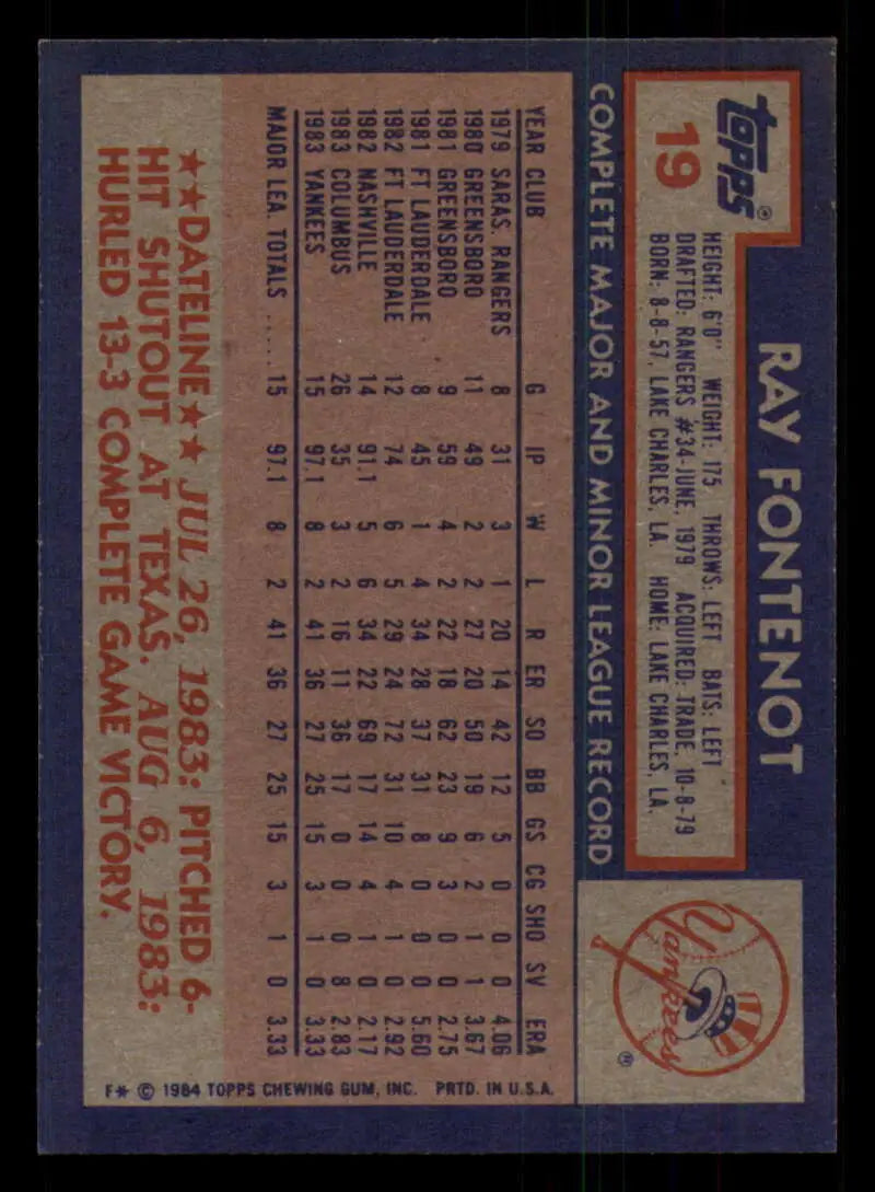 1984 Topps #19 Ray Fontenot EX Excellent RC Rookie New York Yankees Baseball Card - Baseball Card Single
