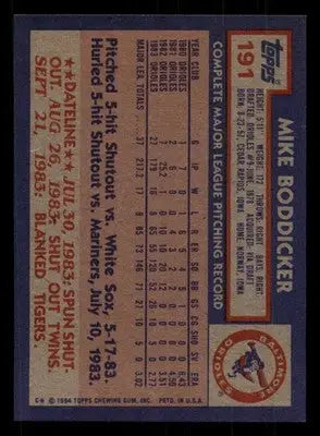 1984 Topps #191 Mike Boddicker NM Near Mint Orioles ID:82335 - Baseball Card Single
