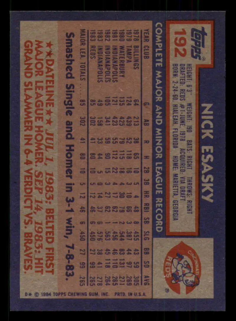 1984 Topps #192 Nick Esasky EX Excellent RC Rookie Cincinnati Reds Baseball Card - Baseball Card Single