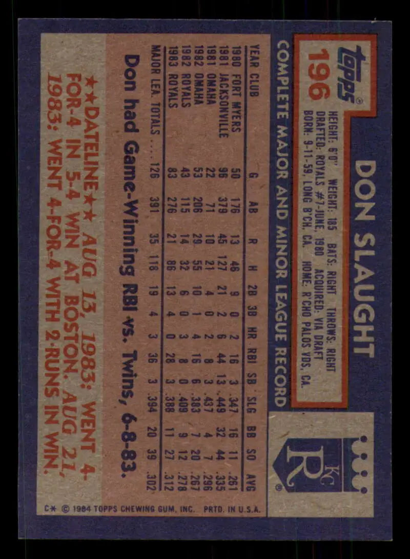1984 Topps #196 Don Slaught EX Excellent Kansas City Royals Baseball Card - Baseball Card Single