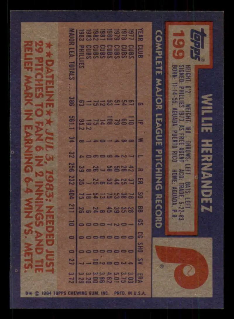 1984 Topps #199 Willie Hernandez EX Excellent Philadelphia Phillies Baseball Card - Baseball Card Single