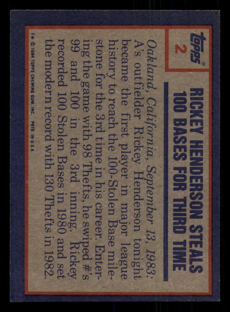 1984 Topps #2 Rickey Henderson EX Excellent Oakland Athletics Baseball Card - Baseball Card Single
