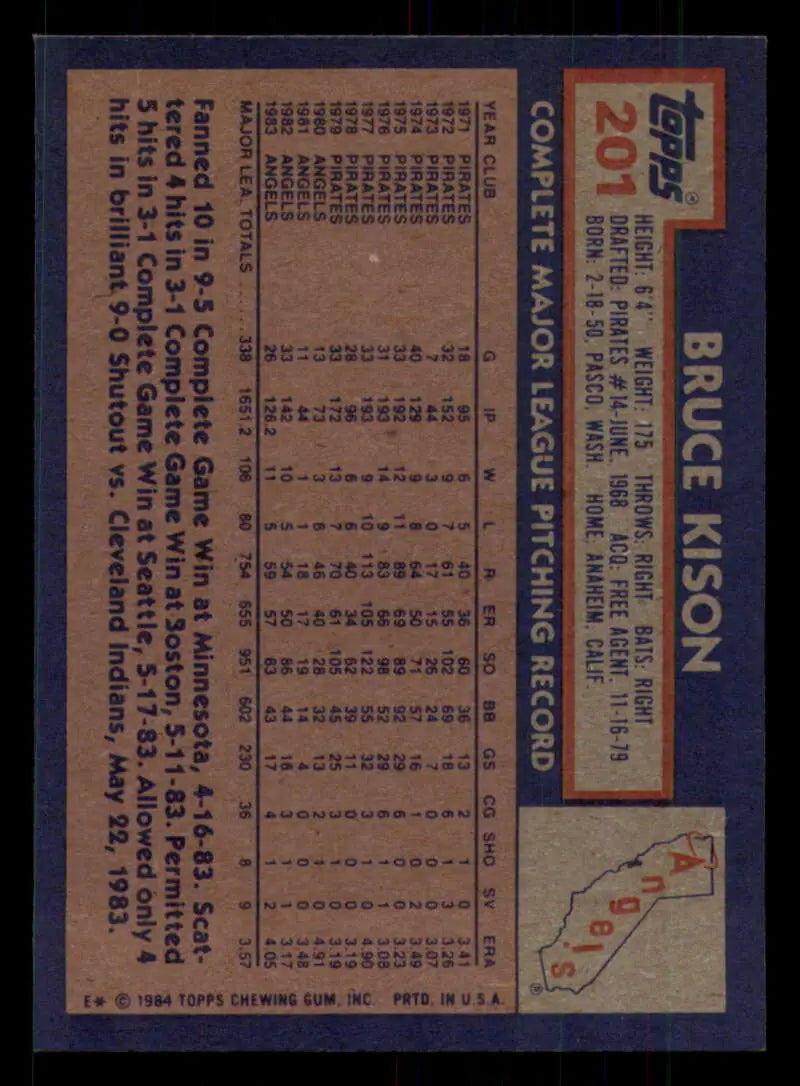 1984 Topps #201 Bruce Kison EX Excellent California Angels Baseball Card - Baseball Card Single