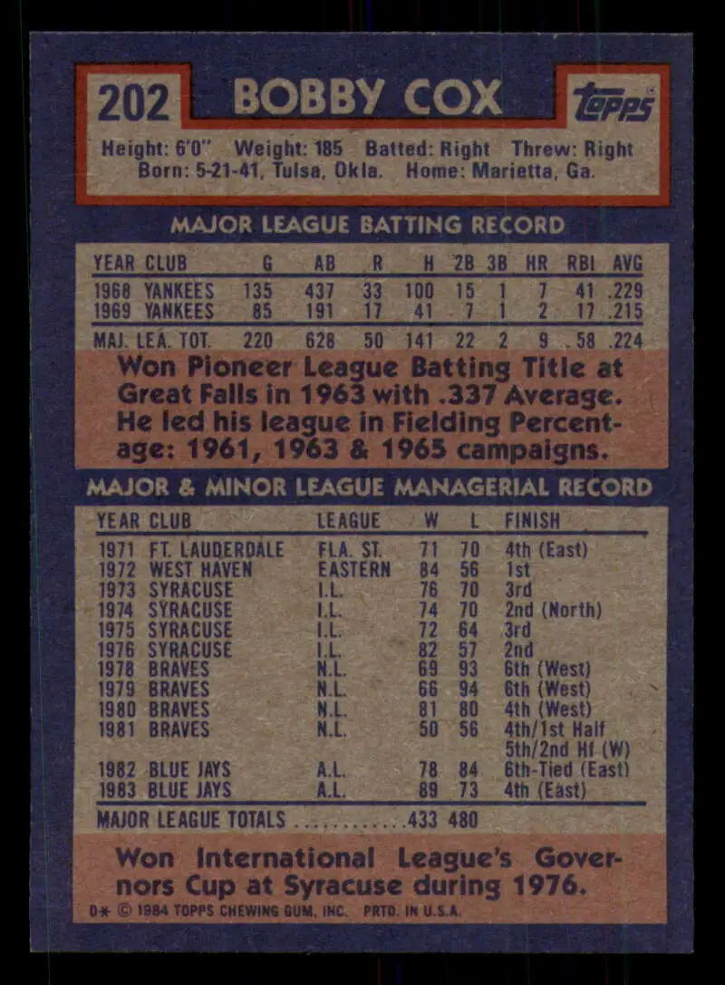 1984 Topps #202 Bobby Cox EX Excellent Toronto Blue Jays Baseball Card