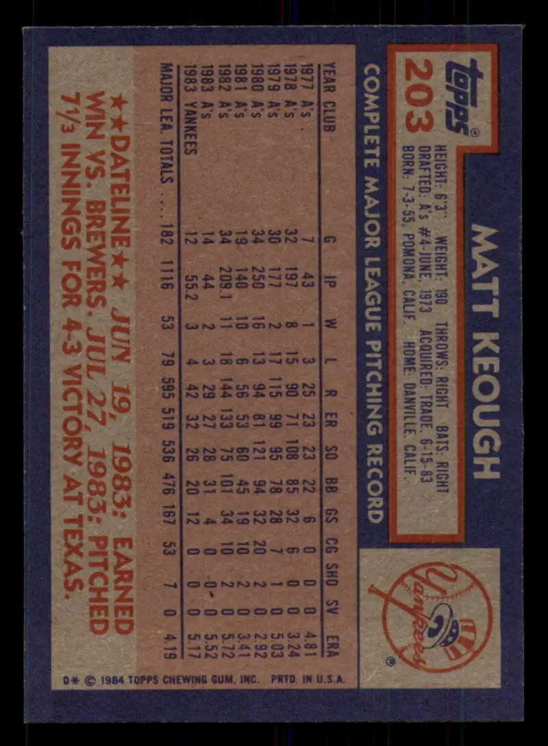 1984 Topps #203 Matt Keough EX Excellent New York Yankees Baseball Card - Baseball Card Single