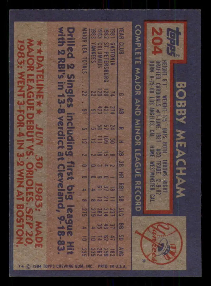 1984 Topps #204 Bobby Meacham EX Excellent RC Rookie New York Yankees Baseball Card - Baseball Card Single