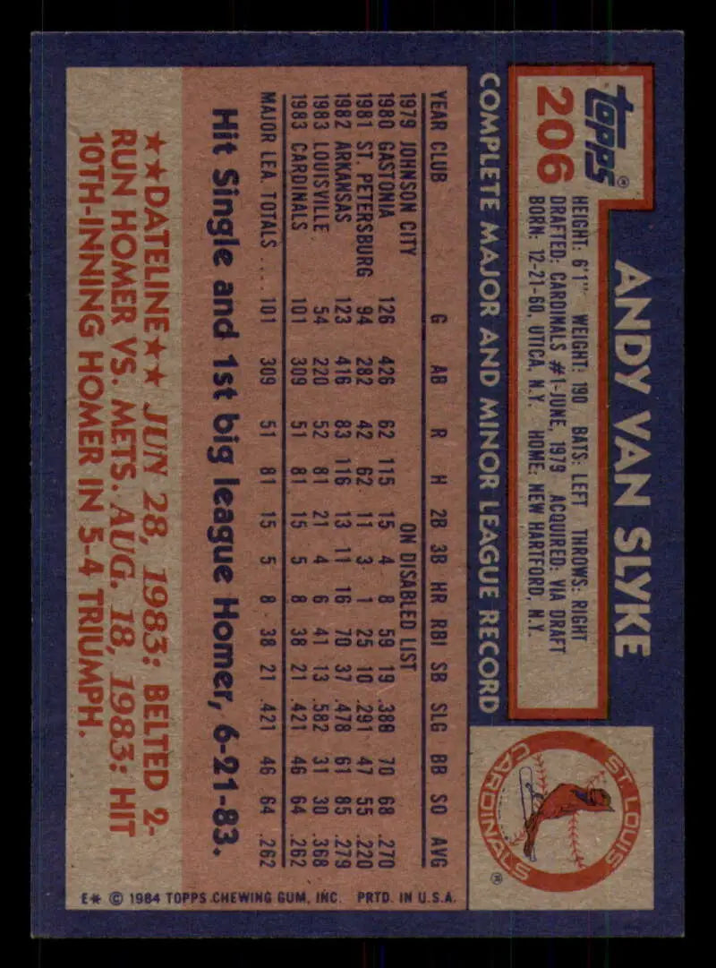 1984 Topps #206 Andy Van Slyke EX Excellent RC Rookie St. Louis Cardinals Baseball Card - Baseball Card Single