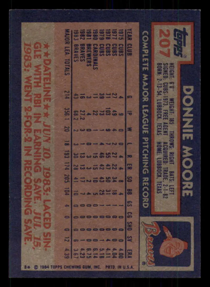 1984 Topps #207 Donnie Moore EX Excellent Atlanta Braves Baseball Card - Baseball Card Single