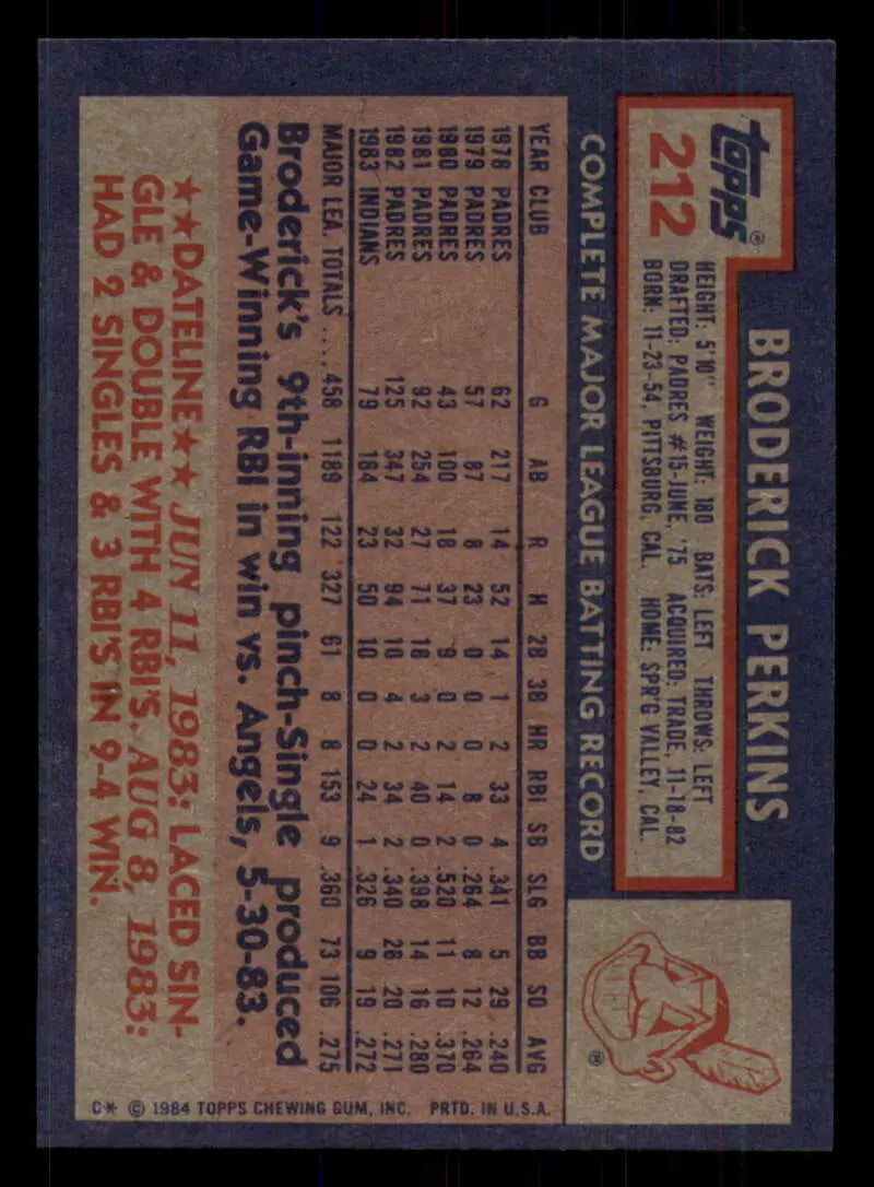 1984 Topps #212 Broderick Perkins EX Excellent Cleveland Indians Baseball Card - Baseball Card Single
