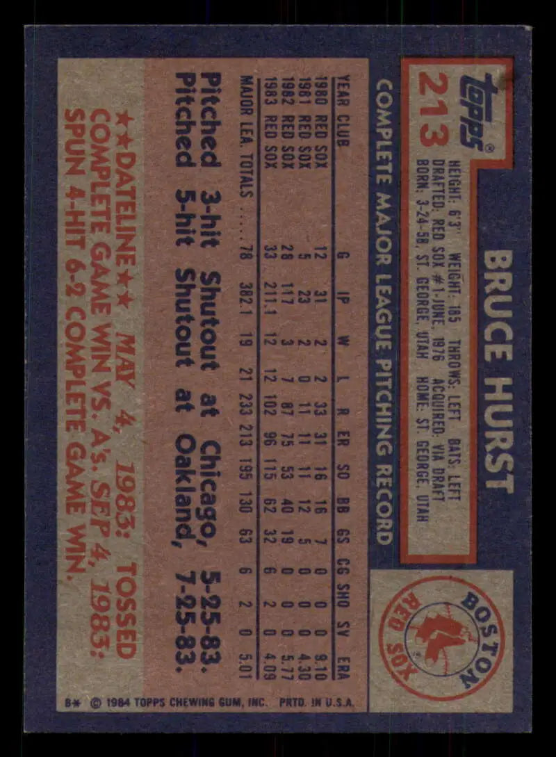 1984 Topps #213 Bruce Hurst EX Excellent Boston Red Sox Baseball Card - Baseball Card Single