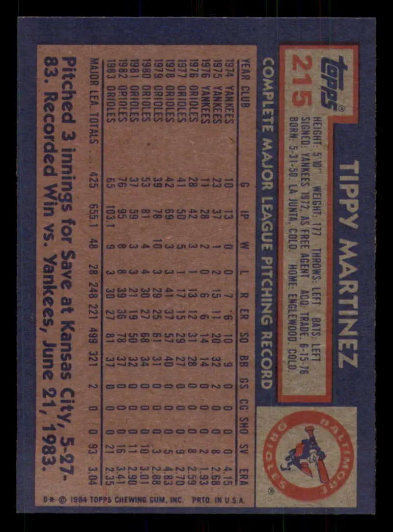 1984 Topps #215 Tippy Martinez EX Excellent Baltimore Orioles Baseball Card - Baseball Card Single