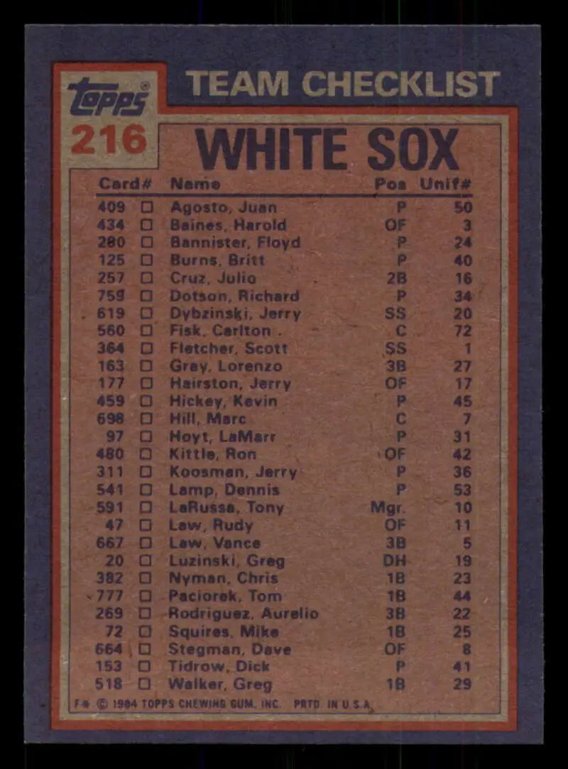 1984 Topps #216 Carlton Fisk/Richard Dotson EX Excellent Chicago White Sox Baseball Card - Baseball Card Single