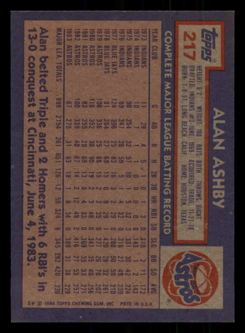 1984 Topps #217 Alan Ashby EX Excellent Houston Astros Baseball Card - Baseball Card Single