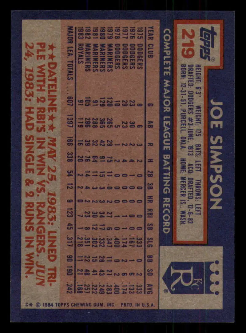 1984 Topps #219 Joe Simpson EX Excellent Kansas City Royals Baseball Card - Baseball Card Single