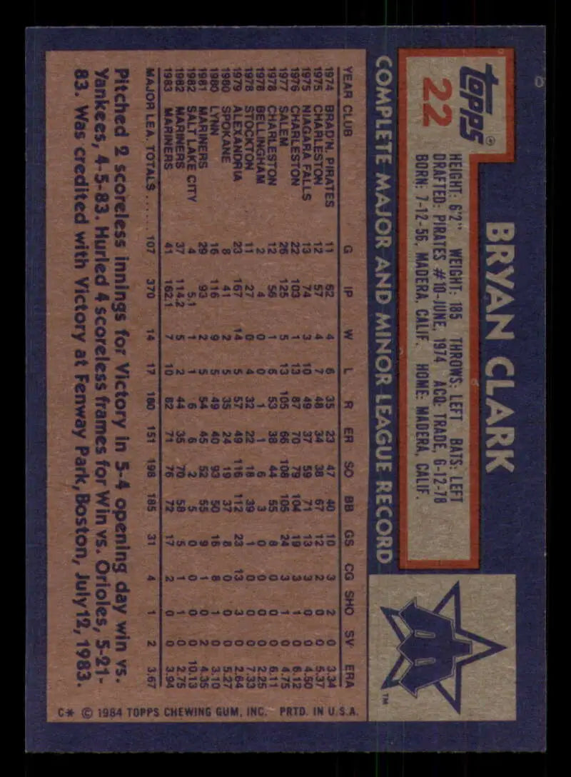 1984 Topps #22 Bryan Clark EX Excellent Seattle Mariners Baseball Card - Baseball Card Single
