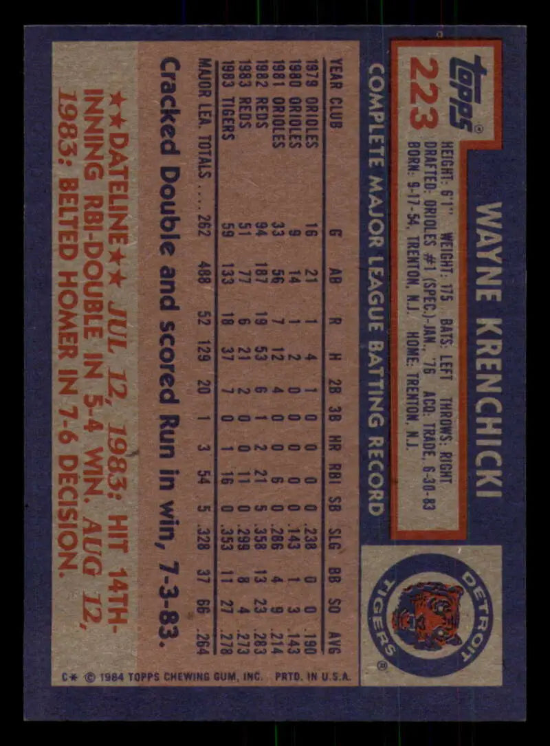 1984 Topps #223 Wayne Krenchicki EX Excellent Detroit Tigers Baseball Card - Baseball Card Single