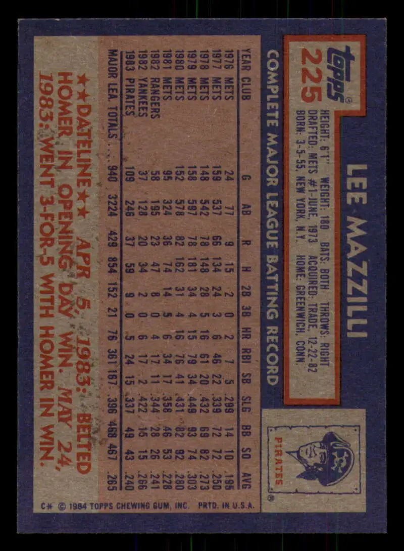 1984 Topps #225 Lee Mazzilli EX Excellent Pittsburgh Pirates Baseball Card - Baseball Card Single