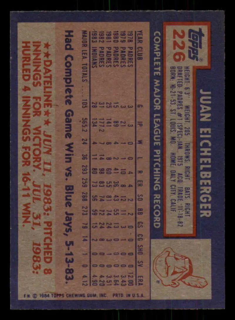 1984 Topps #226 Juan Eichelberger EX Excellent Cleveland Indians Baseball Card - Baseball Card Single