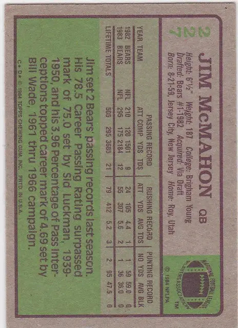 Vintage 1984 Topps #227 Jim McMahon Chicago Bears football card with player stats