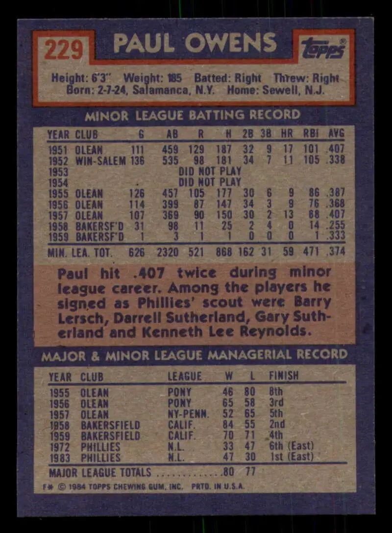 1984 Topps #229 Paul Owens EX Excellent Philadelphia Phillies Baseball Card - Baseball Card Single