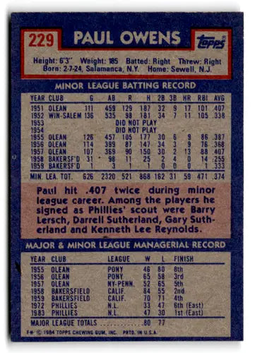 Vintage Paul Owens baseball card with original gloss from 1984 Topps Phillies collection