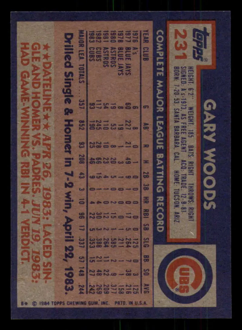 1984 Topps #231 Gary Woods EX Excellent Chicago Cubs Baseball Card - Baseball Card Single