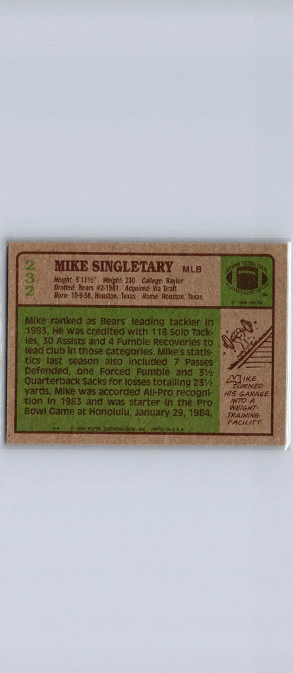 Vintage football card of 1984 Topps #232 Mike Singletary for trading cards collectors