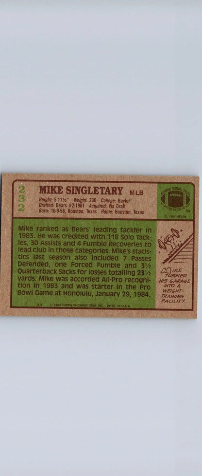Vintage 1984 Topps #232 Mike Singletary trading card for sports card collectors