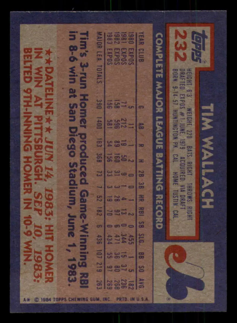 1984 Topps #232 Tim Wallach EX Excellent Montreal Expos Baseball Card - Baseball Card Single