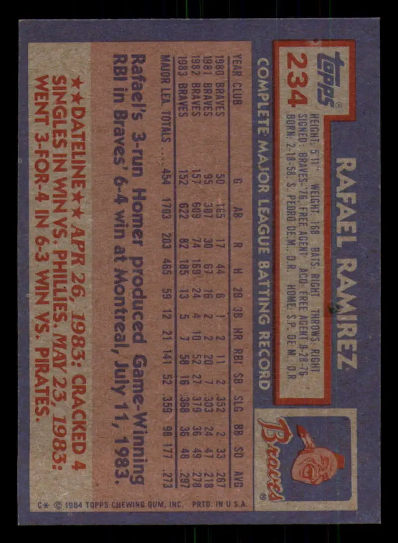 1984 Topps #234 Rafael Ramirez EX Excellent Atlanta Braves Baseball Card - Baseball Card Single