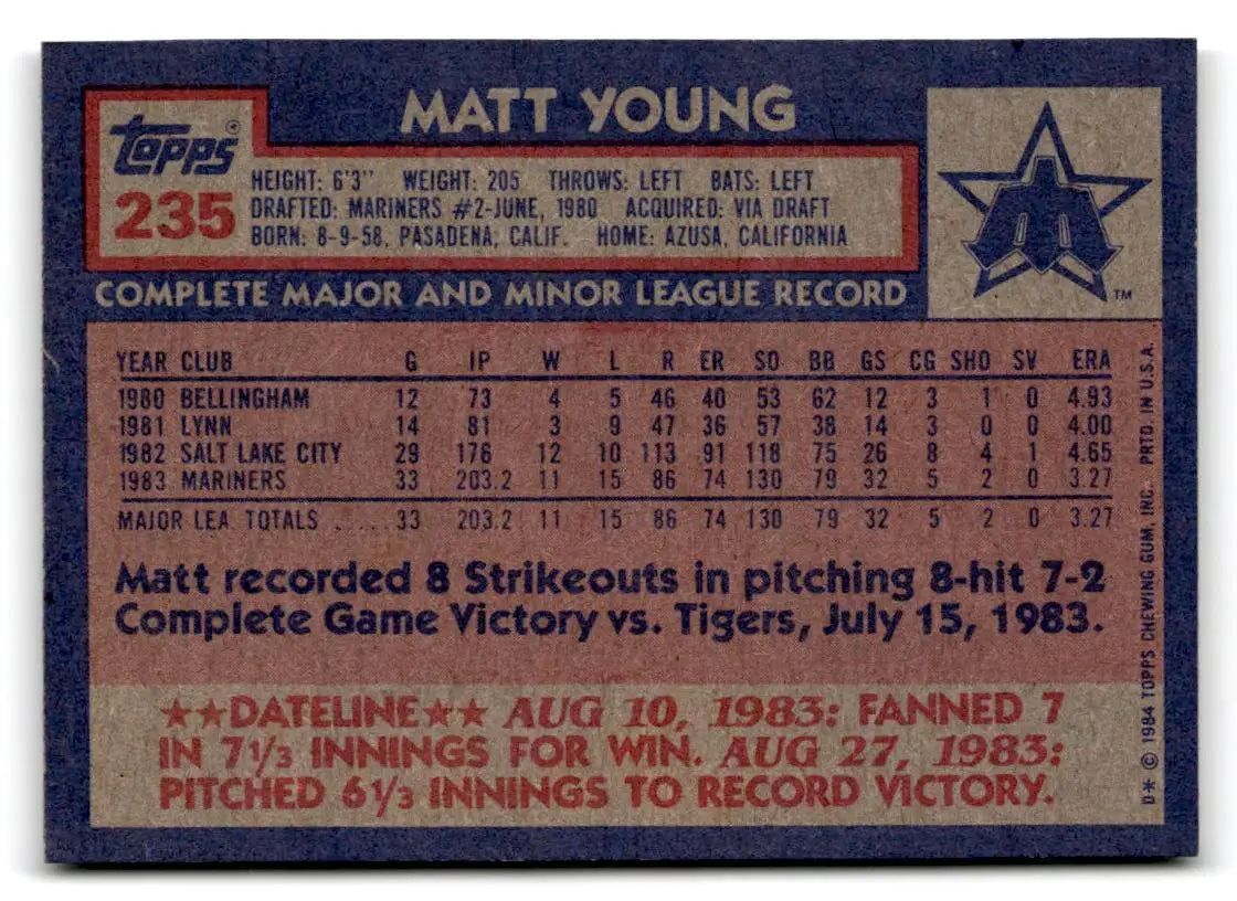 1984 Topps #235 Matt Young - Baseball Card Single
