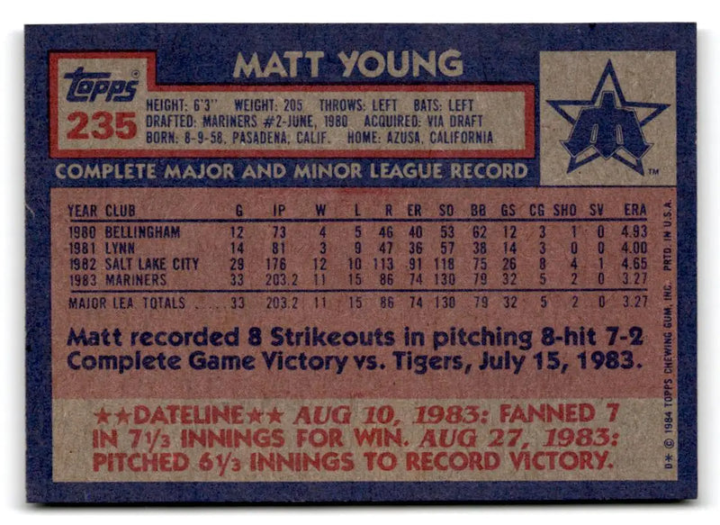 1984 Topps #235 Matt Young - Baseball Card Single