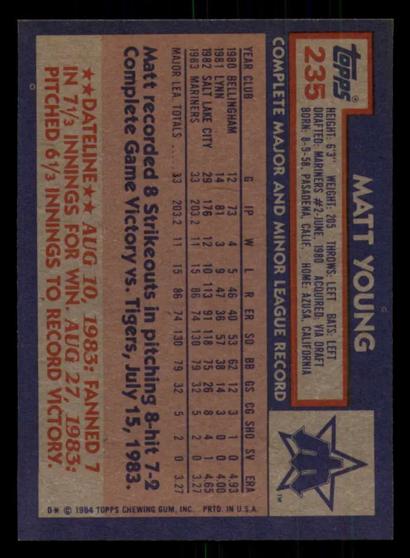 1984 Topps #235 Matt Young EX Excellent RC Rookie Seattle Mariners Baseball Card - Baseball Card Single