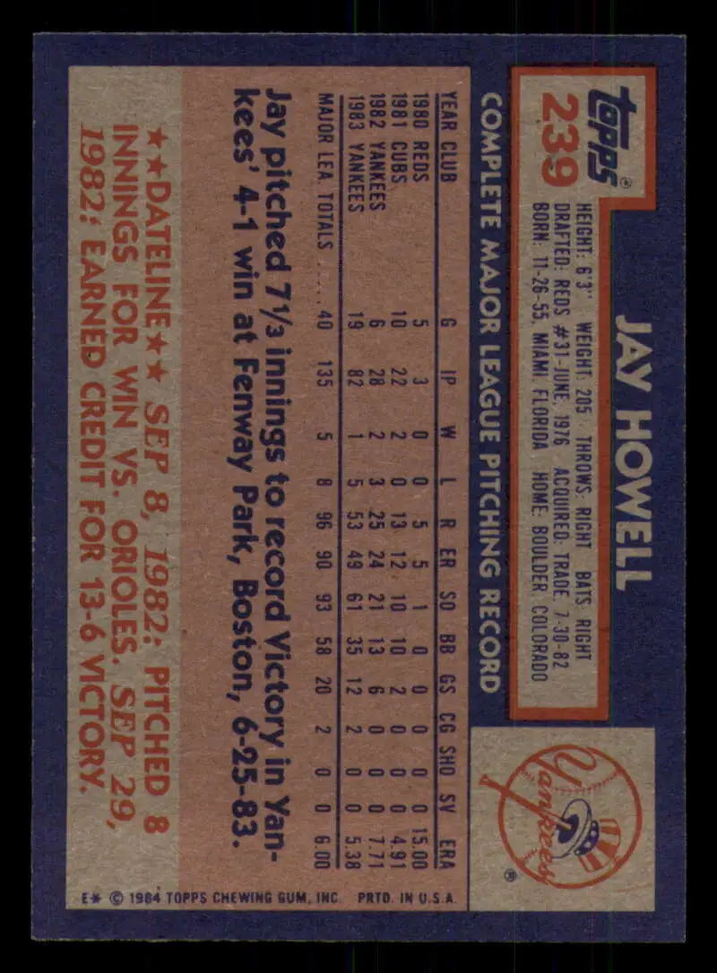 1984 Topps #239 Jay Howell EX Excellent New York Yankees Baseball Card - Baseball Card Single