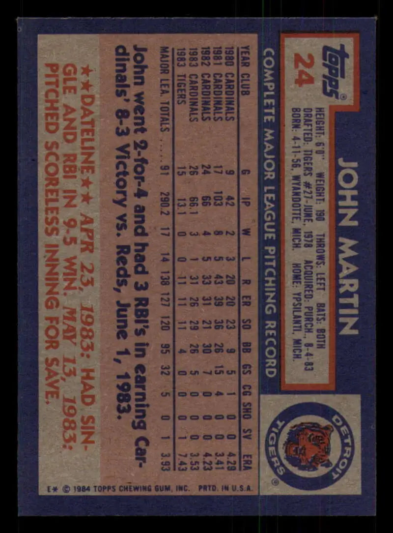 1984 Topps #24 John Martin EX Excellent Detroit Tigers Baseball Card - Baseball Card Single