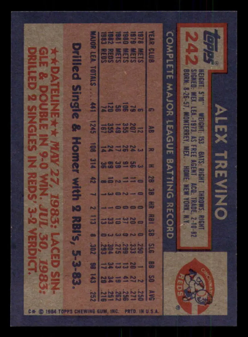 1984 Topps #242 Alex Trevino EX Excellent Cincinnati Reds Baseball Card - Baseball Card Single