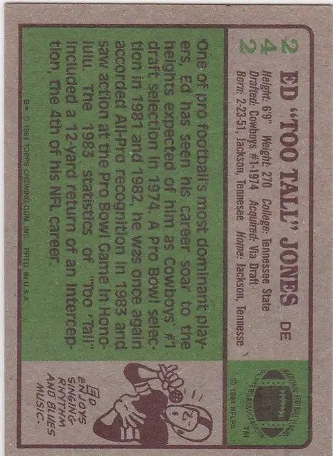 Vintage football trading card of Tall Jones Dallas Cowboys with player statistics and illustration