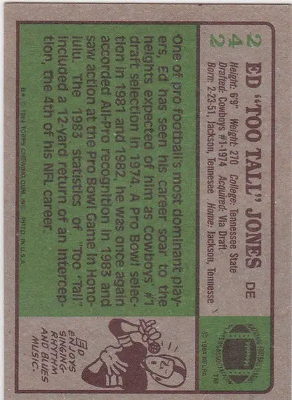 Vintage football trading card of Tall Jones Dallas Cowboys with player statistics and illustration