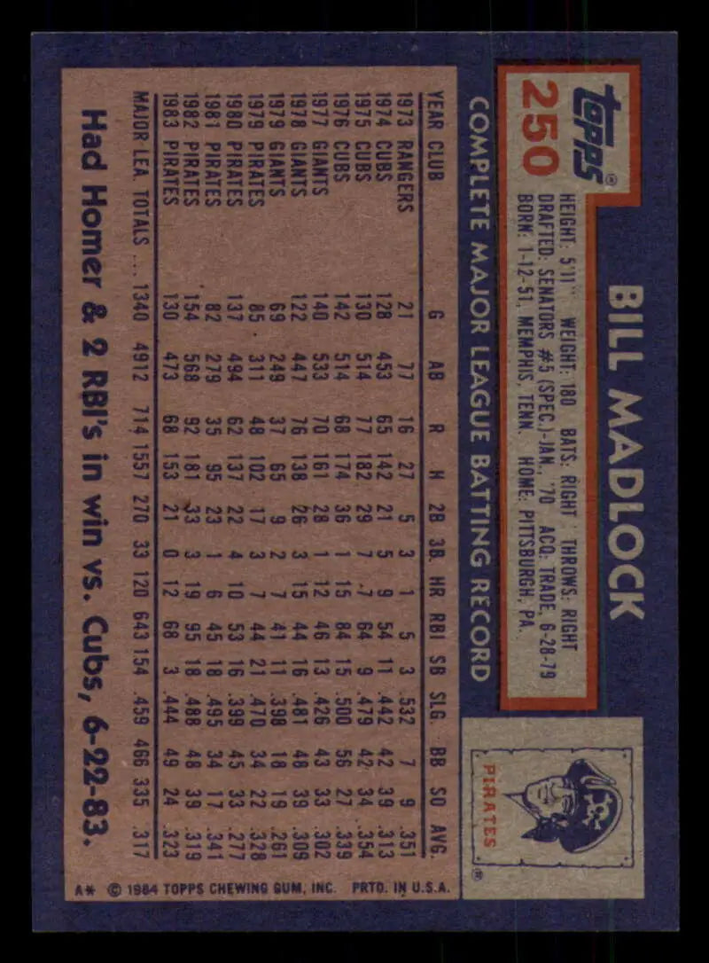 1984 Topps #250 Bill Madlock EX Excellent Pittsburgh Pirates Baseball Card - Baseball Card Single
