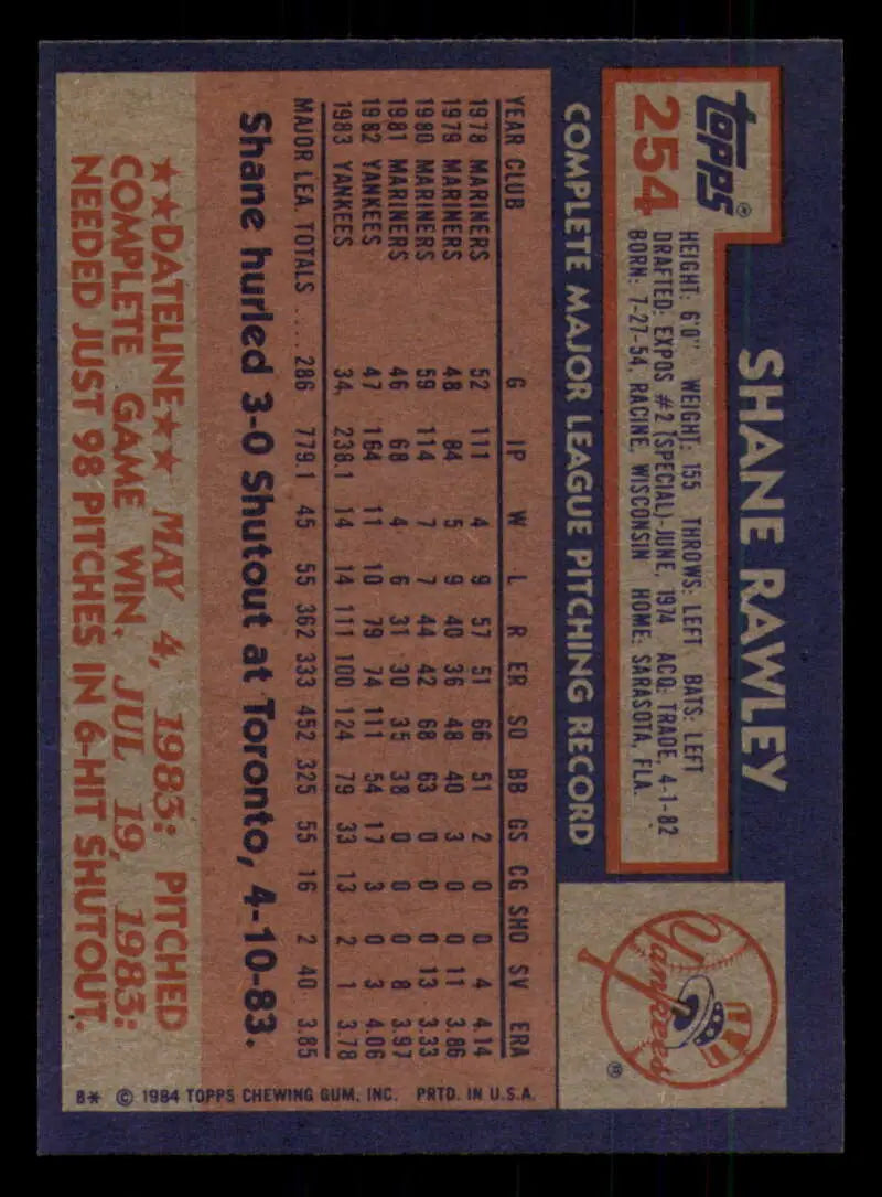 1984 Topps #254 Shane Rawley EX Excellent New York Yankees Baseball Card - Baseball Card Single