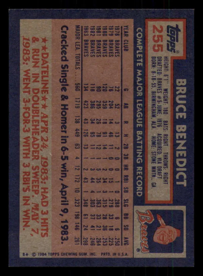 1984 Topps #255 Bruce Benedict EX Excellent Atlanta Braves Baseball Card - Baseball Card Single