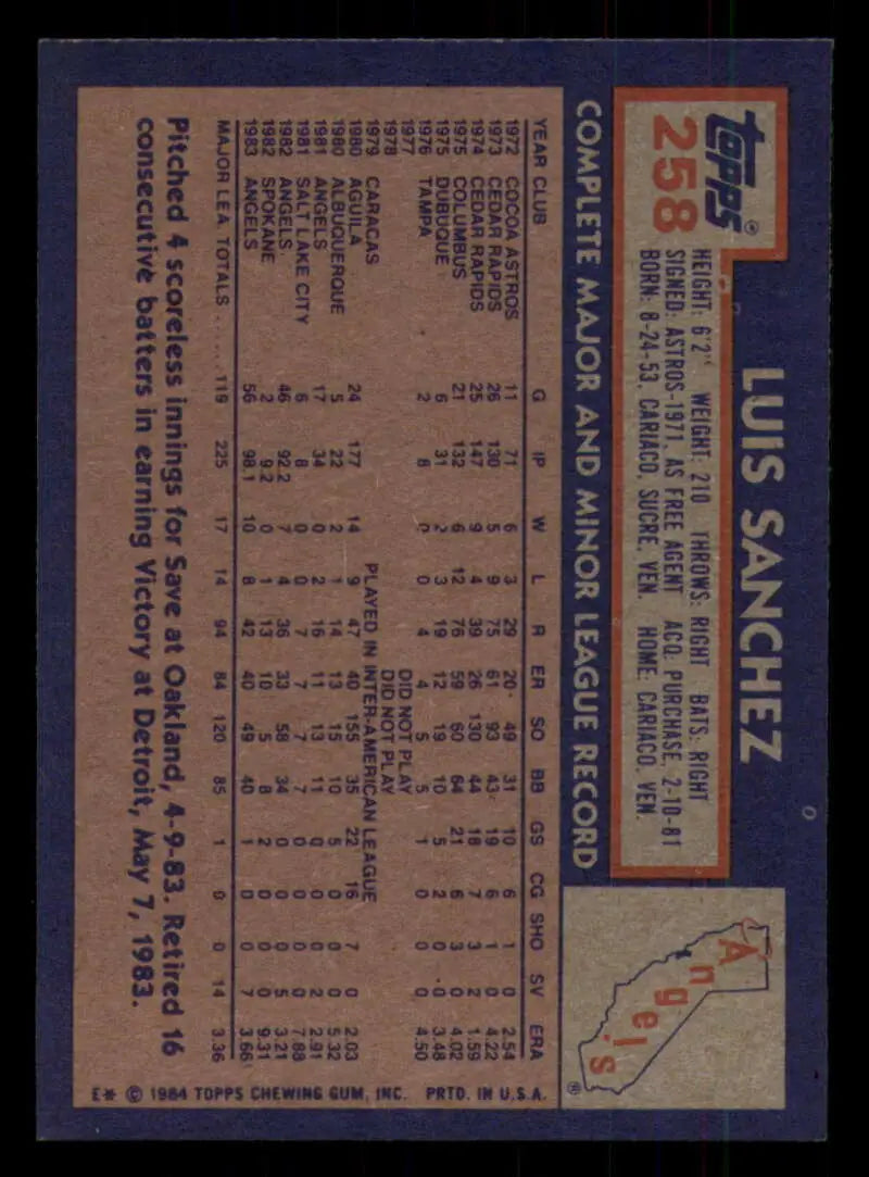 1984 Topps #258 Luis Sanchez EX Excellent California Angels Baseball Card - Baseball Card Single