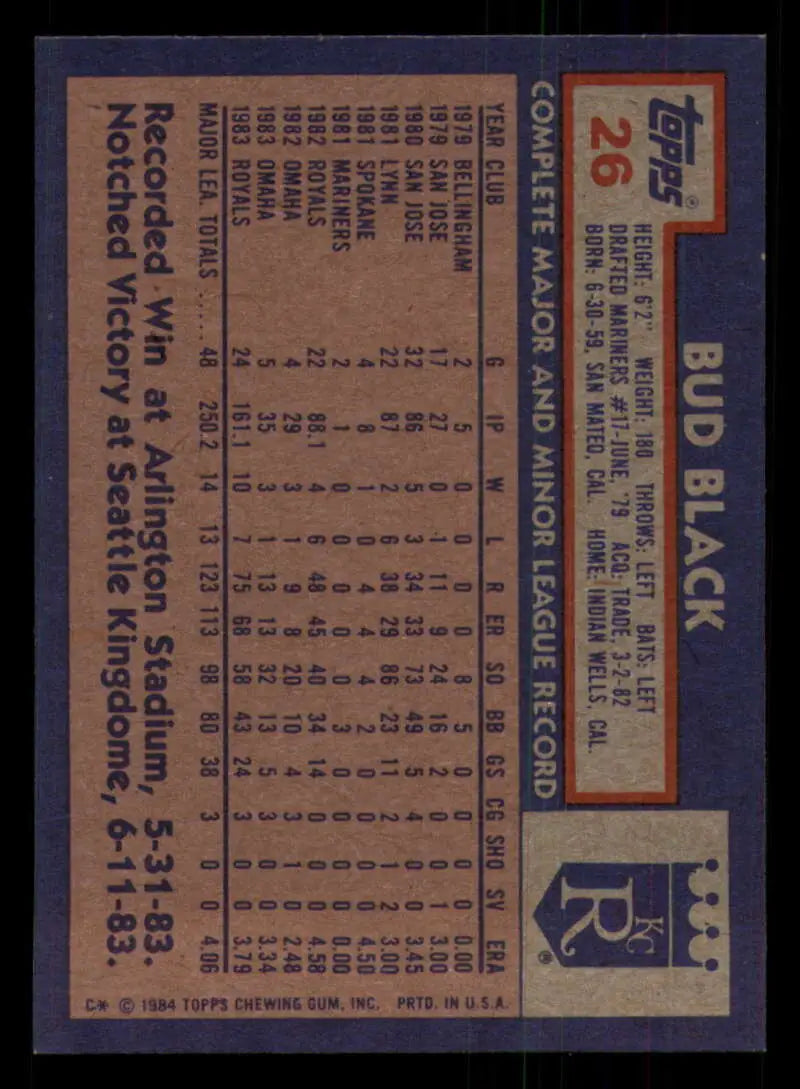 1984 Topps #26 Bud Black EX Excellent Kansas City Royals Baseball Card - Baseball Card Single