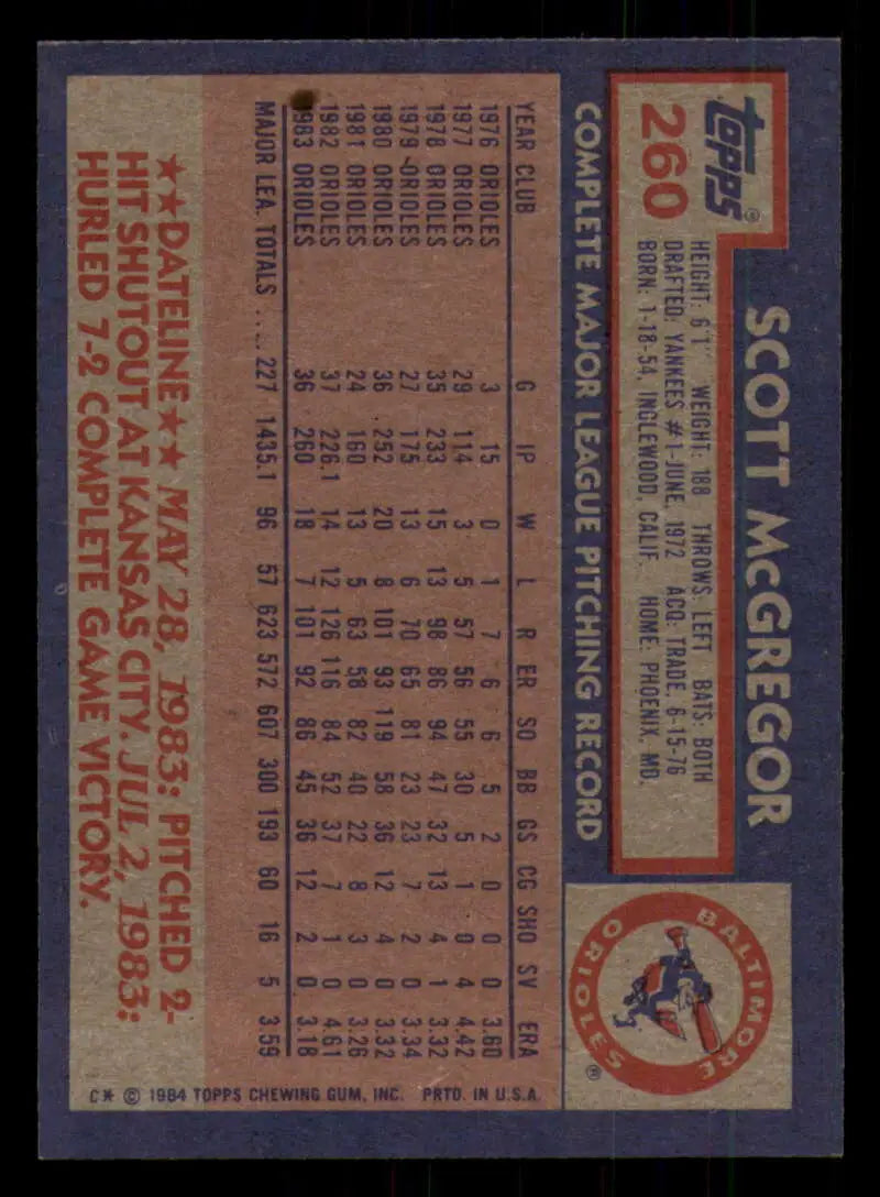 1984 Topps #260 Scott McGregor EX Excellent Baltimore Orioles Baseball Card - Baseball Card Single