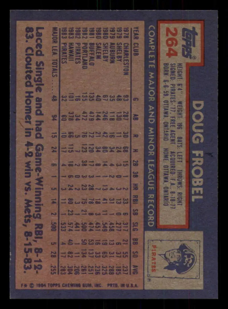 1984 Topps #264 Doug Frobel EX Excellent RC Rookie Pittsburgh Pirates Baseball Card - Baseball Card Single