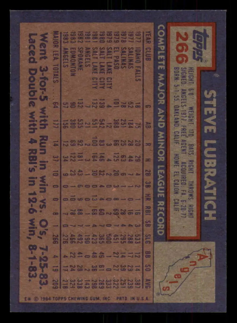 1984 Topps #266 Steve Lubratich EX Excellent RC Rookie California Angels Baseball Card - Baseball Card Single