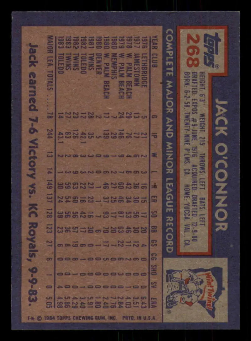 1984 Topps #268 Jack O’Connor EX Excellent Minnesota Twins Baseball Card - Baseball Card Single