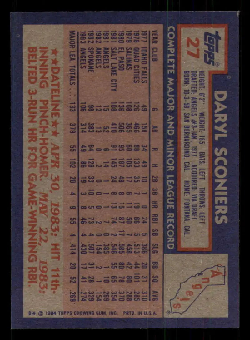 1984 Topps #27 Daryl Sconiers EX Excellent California Angels Baseball Card - Baseball Card Single
