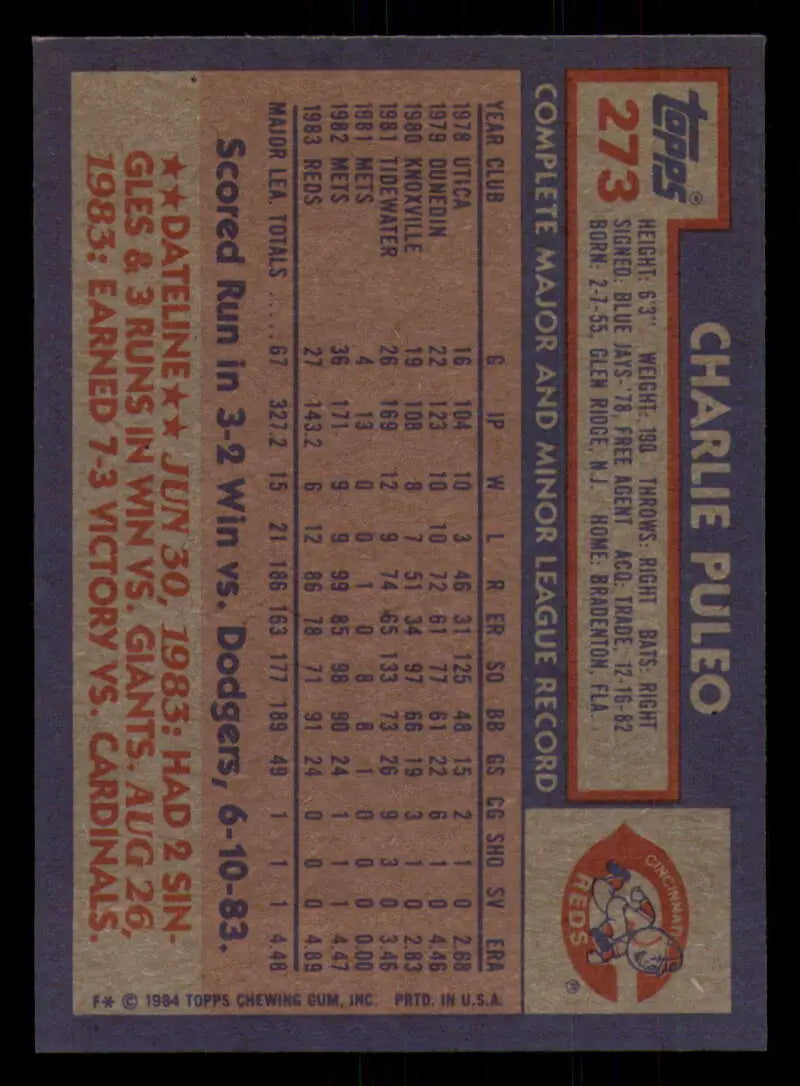 1984 Topps #273 Charlie Puleo EX Excellent Cincinnati Reds Baseball Card - Baseball Card Single
