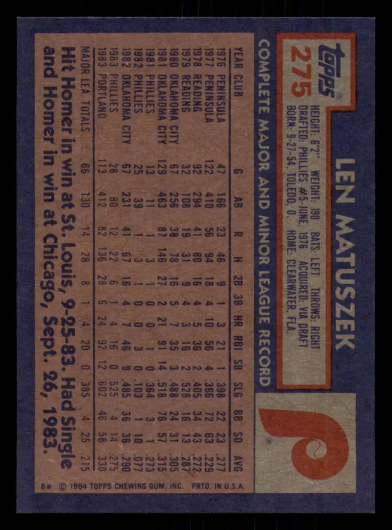 1984 Topps #275 Len Matuszek EX Excellent Philadelphia Phillies Baseball Card - Baseball Card Single